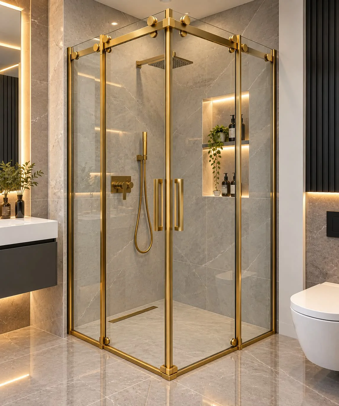 Gold & Rose Gold Askılı Sistem Köşe Giriş Duşakabin