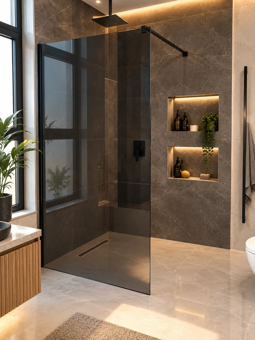 Siyah Walk-In Sabit Panel Duşakabin